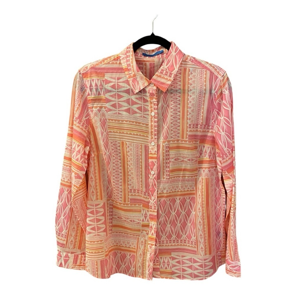 J. McLaughlin Coral Geometric Print 100% Cotton Button Down Shirt, Size L